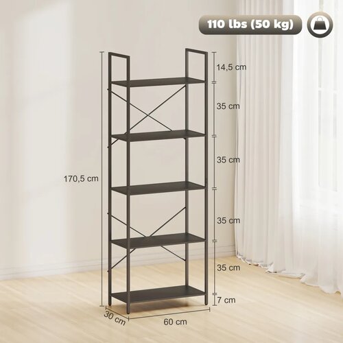  Polica za knjige samostojeća 5 polica metalni okvir 60x30x170 5 cm crna Slike