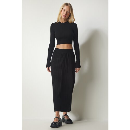 Happiness İstanbul Women's Black Ribbed Knitwear Crop Skirt Suit Slike