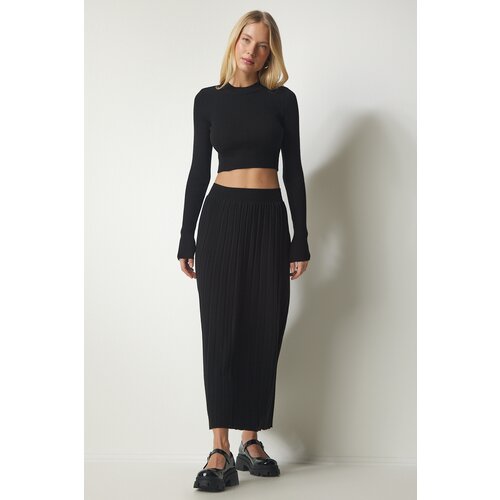 Women's Black Ribbed Knitwear Crop Skirt Suit Slike