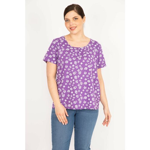 Şans Women's Lilac Plus Size Cotton Fabric Short Sleeve Patterned Blouse Cene