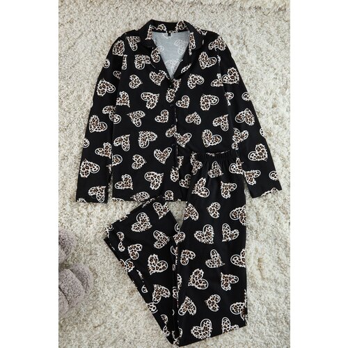 Trendyol Black 100% Cotton Leopard Heart Patterned Jersey Knitted Pajama Set Slike