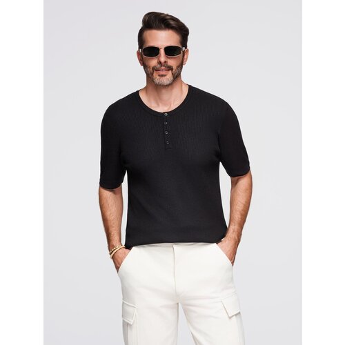 Ombre Men's knitted T-shirt with buttons at neckline - black Cene