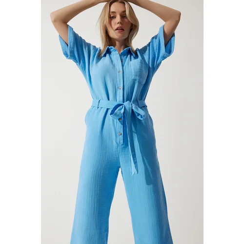  Women's Blue Premium Belted Muslin Jumpsuit