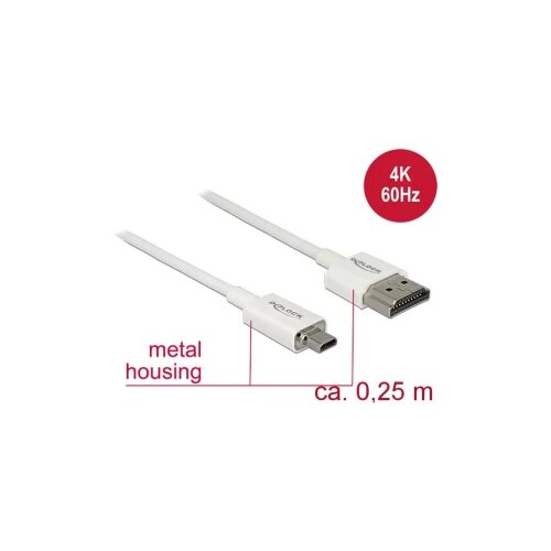 Delock HDMI priključni kabel HDMI-A vtič\, HDMI-mikro-D vtič 0.25 m bela 85147 #####4K UHD\, pozlačeni konektorji HDMI kabel, (20415556) Cene
