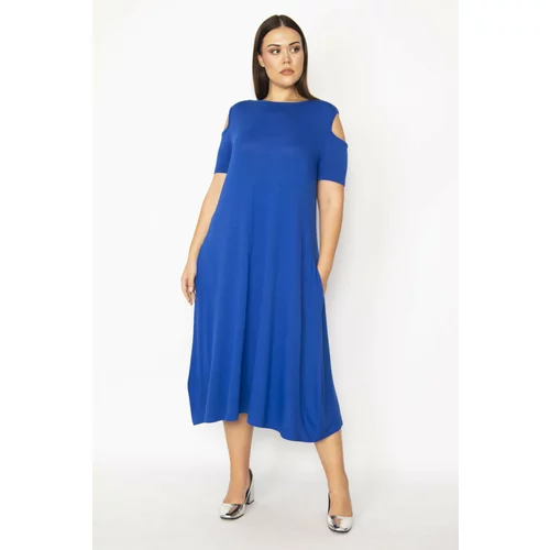 Şans Women's Plus Size Saxe Blue Decollete Viscose Dress