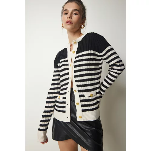 Happiness İstanbul Women's Black Cream Metal Button Detailed Striped Knitwear Cardigan