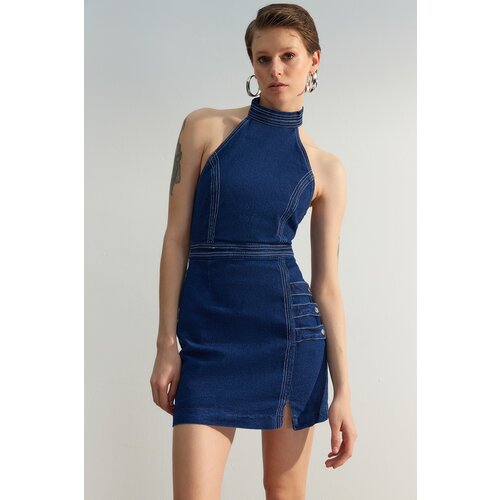 Trendyol Limited Edition Dark Blue Button Detailed Mini Denim Dress Cene