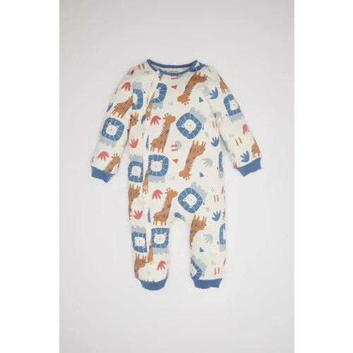 Defacto Baby Boy Newborn Ecru Buttoned Snap Safari Patterned Long Sleeve Jumpsuit