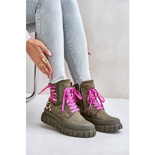 EVENTO Women's Platform Ankle Boots with Lace Up Leopard Pattern Green Edidda Cijene