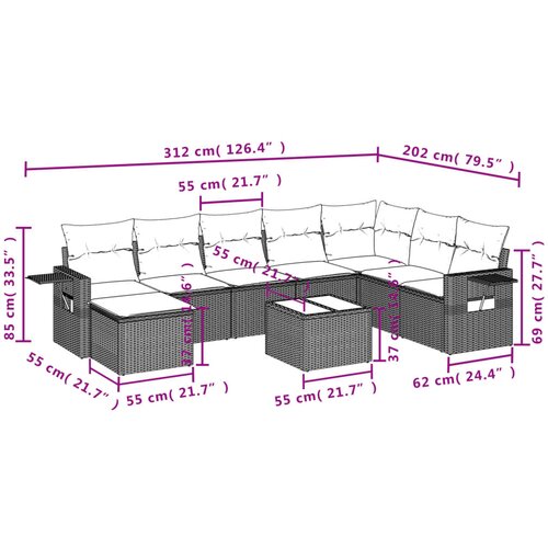  9-dijelni set vrtnih sofa s jastucima bež od poliratana 85 x 62 x 69 cm Slike