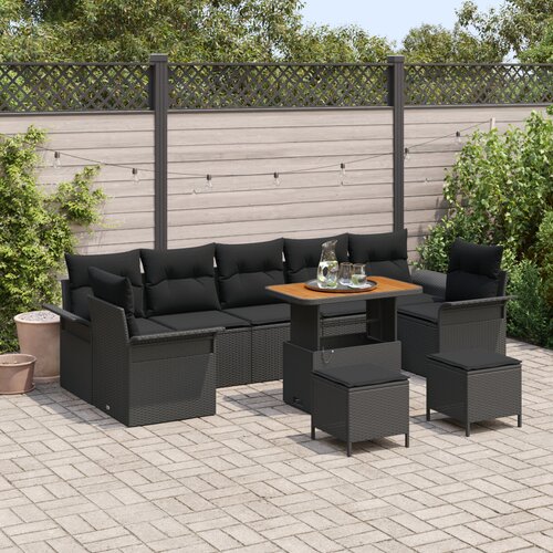 VidaXL 10-dijelni set vrtnih sofa s jastučićima crni poli ratan akacija, 2-sjedna vrtna sofa s jastučićima crni poli ratan, 3-dijelni set vrtne blagovaonice s jastučićima crni poli ratan akacija Slike