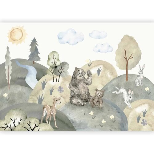  Foto tapeta - Green Hills - a Valley With Animals Painted in Watercolours 350x256 Vodootporna Slike