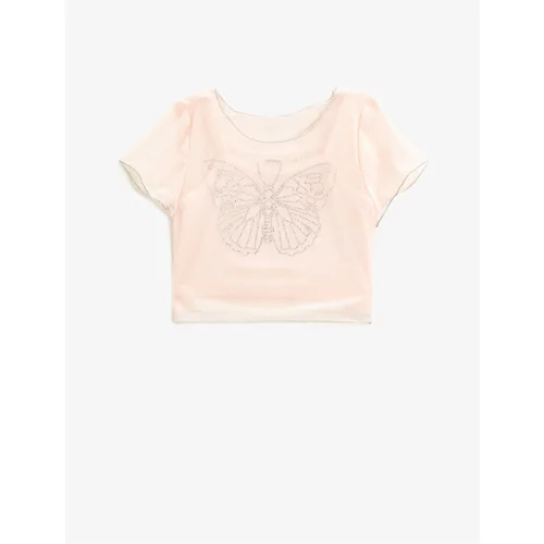 Koton Crop T-Shirt Tulle Lined and Butterfly Embroidered
