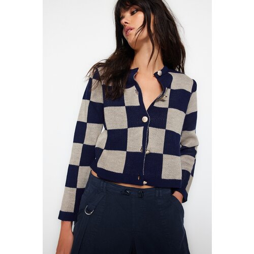 Trendyol Navy Blue Plaid / Checkered Knitwear Cardigan Slike