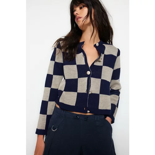 Trendyol Navy Blue Plaid / Checkered Knitwear Cardigan