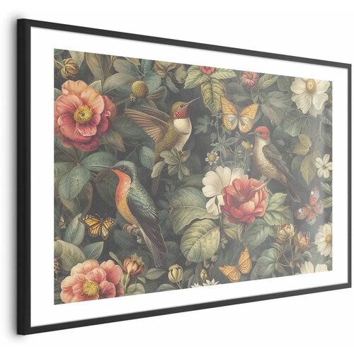  Plakat Flowers Birds and Butterflies - vintage-style illustration 30x21 Crni okvir s margom Cijene