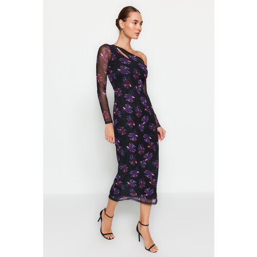 Trendyol Black Printed Asymmetrical Collar Close-fitting Lined Tulle Midi Knit Dress Slike