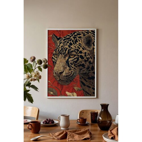 Wallxpert uramljena slika 115273, leopard i cveće na crvenoj pozadini, 30 x 40 cm, beli ram Cene