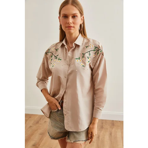 Olalook Women's Daisy Stone Embroidery Detailed Oversize Woven Shirt