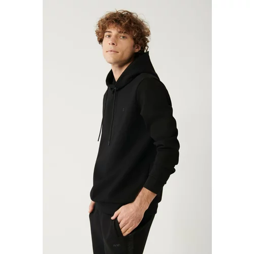 Avva Men's Black Sweatshirt Hooded Flexible Soft Texture Interlock Fabric Standard Fit Normal Cut