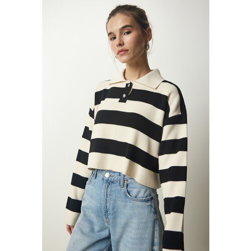 Women's Cream Black Stylish Buttoned Collar Striped Crop Knitwear Sweater Slike