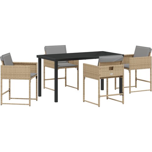 vidaXL 5-delna vrtna jedilna garnitura z blazinami bež poli ratana, vrtna miza črna 140x80x73 cm kaljeno steklo Cene