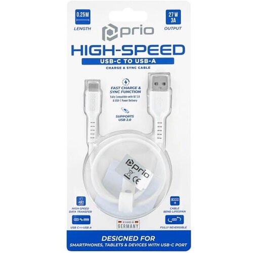 Prio High-Speed Charge & Sync USB C na USB A kabel 3A 0,25 m bijeli Cijene