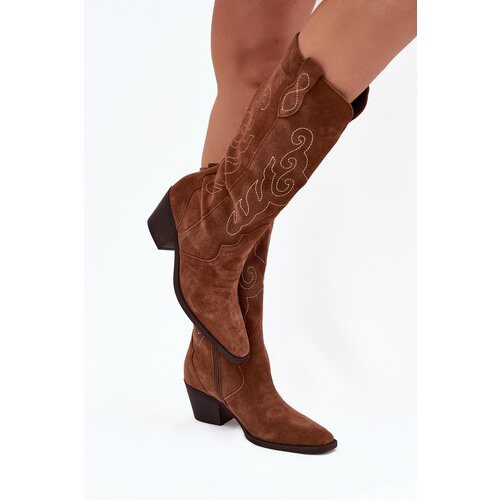 Zazoo Suede Cowboy Boots For Women With Heel Camel Karira Slike