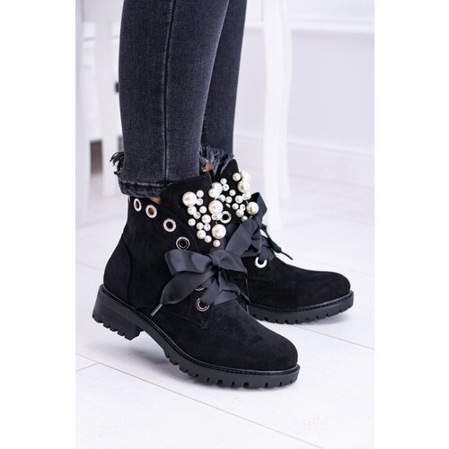 FI1 Suede Lined Ankle Boots With Pearls And Ribbon Black Perla Cene