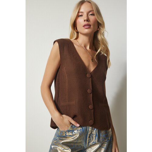 Happiness İstanbul Women's Brown Knitwear Vest with Buttons Slike