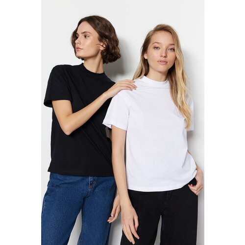 Trendyol White-Black 2-Pack 100% Cotton Basic Stand Up Collar Knitted T-Shirt Cene