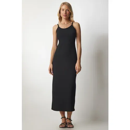 Happiness İstanbul Women's Black Strappy Ribbed Pencil Dress