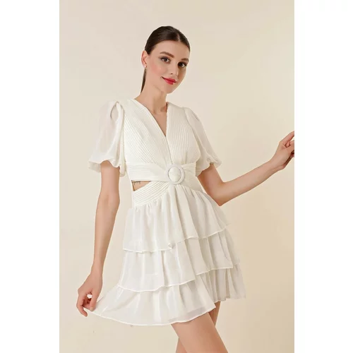 By Saygı Decollete Decollete Tiered Chiffon Dress Ecru with Crossed Drawstrings at Back