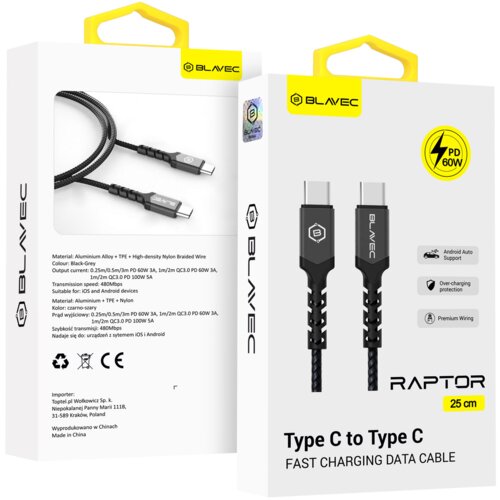 BLAVEC kabel Raptor pleteni - Tip C na Tip C - PD 60W 3A 25 cm Apple CarPlay/Android Auto Cijene