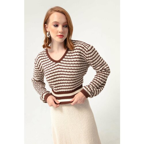 Lafaba Women's Brown V-Neck Exterior Pattern Knitwear Sweater Cene