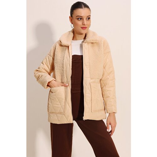 Bigdart 5182 Plush Detailed Oversize Puffer Jacket - Beige Cene