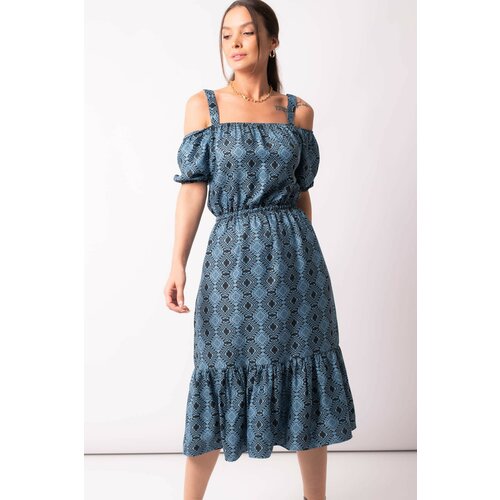 armonika Women's Blue Patterned Waist Elastic Strap Dress Slike
