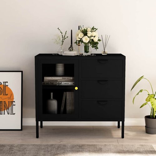  Komoda crna 75 x 35 x 70 cm od čelika i kaljenog stakla Cijene