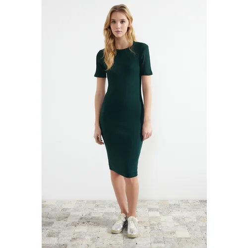 Trendyol Emerald Green Crew Neck Short Sleeve Ribbed Flexible Knitted Midi Dress