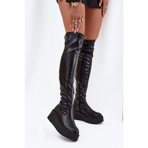 Boto Knee High Women&amp;#039;s Boots On Platform With Delicate Wedge Black Lydira Slike