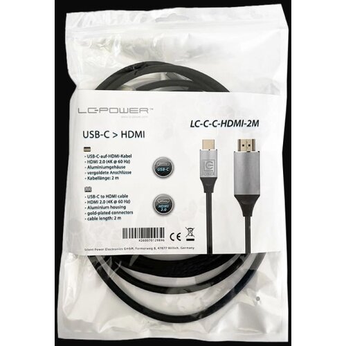 LC-Power kabl LC-C-C-HDMI-2M usb-c na HDMI2.0 4K 60Hz alu gold-plated 2m Slike