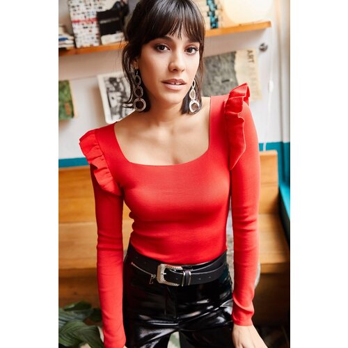 Olalook Women's Red Square Collar Ruffled Crop Knitwear Blouse Cijene