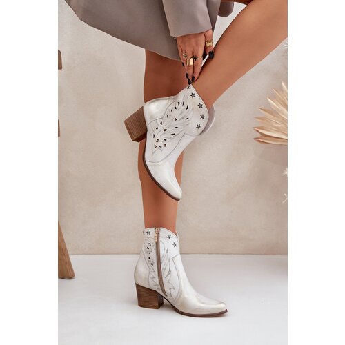 Lewski Shoes Perforated Leather Cowboy Ankle Boots On Heels Distressed Gold Lewski 3613 Cene