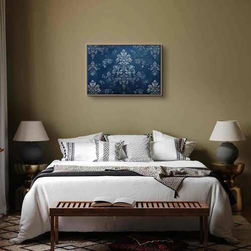  Slika - Retro Ornament Decorative Motif in Worn Blues 90x60 U prirodnom drvenom okviru Slike