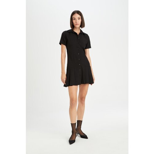 Defacto Polo Neck Basic Plain Short Sleeve Pleated Mini Dress Slike