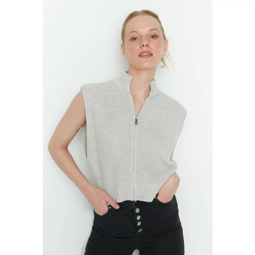Trendyol Gray Crop Zippered Basic Knitwear Cardigan
