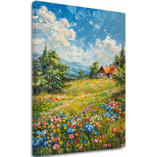 Pejzažna slika na platnu vikendica u planini- akrilni detalji Slike