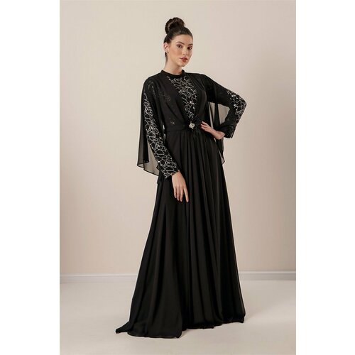 By Saygı Gilded Sequins Waist with Stone Vefeather Detail Lined Chiffon Hijab Dress Black. Cene