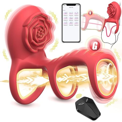 SuperLove Rose Triple Vibrating Cock Ring with Clitoral &amp;amp; G-Spot Stimulation &amp;amp; Remote Red Slike