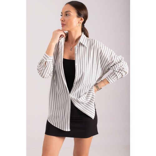 armonika Women's White Thin Striped Oversize Long Basic Shirt Slike